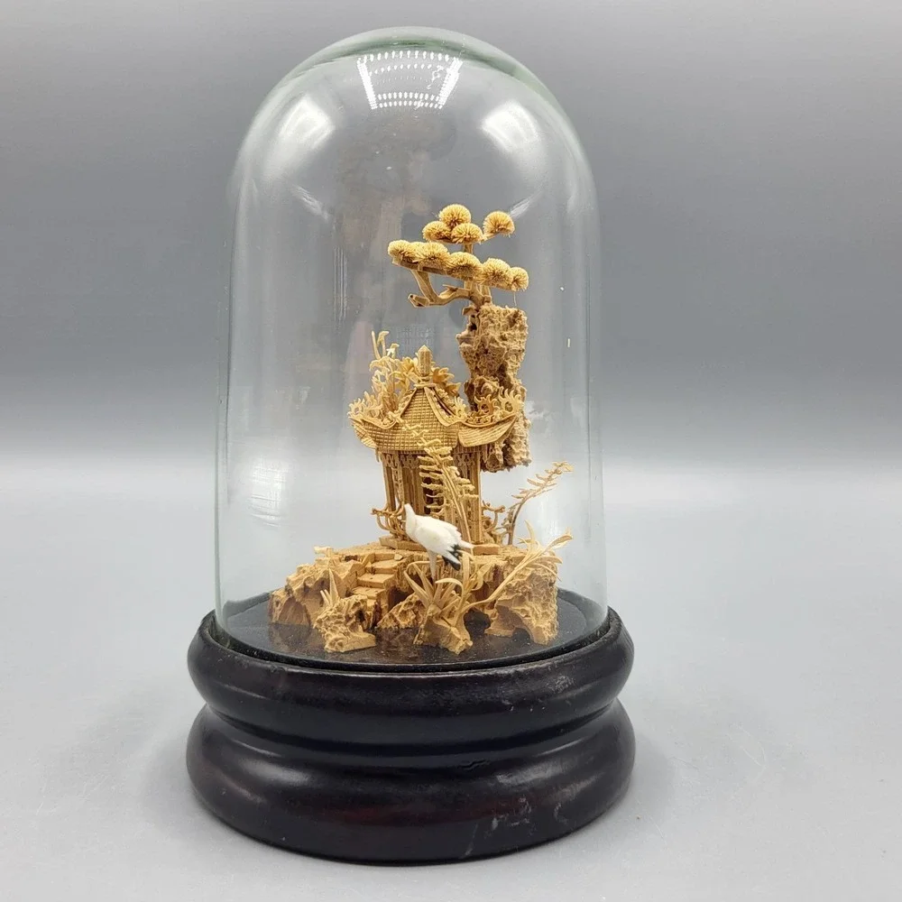 Vtg Chinese Carved Cork Diorama Glass Dome Dark Wood Base Small Shelf Decor READ
